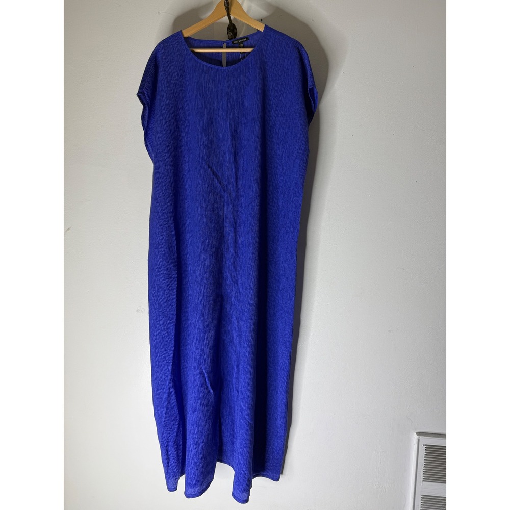 Eileen Fisher Royal Blue Crinkle Round Neck Dress 1X F5RBC-D5391M NEW